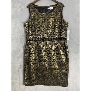 Kasper Dress Womens 18 Gold Black Animal Print Jacquard Sleeveless Beaded Sheath